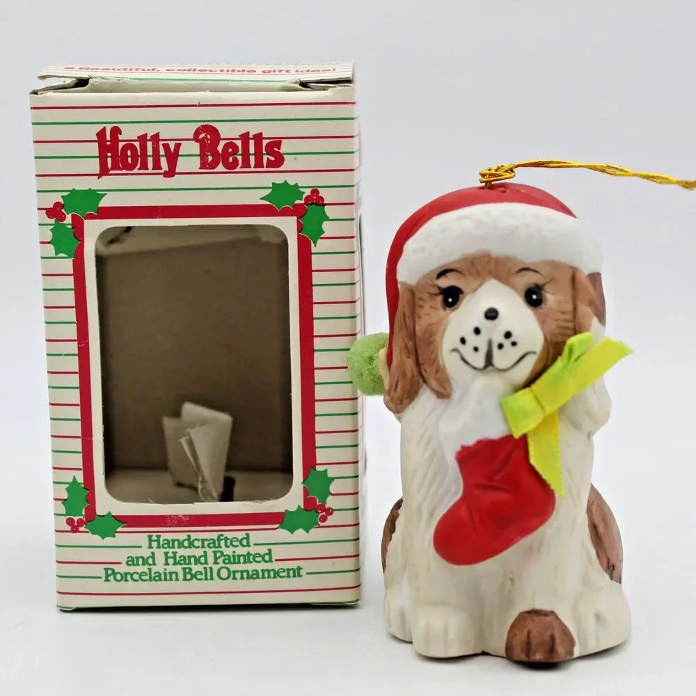 Holly Bells Porcelain Puppy Dog Bell Ornament Vintage 1986 Original Box b